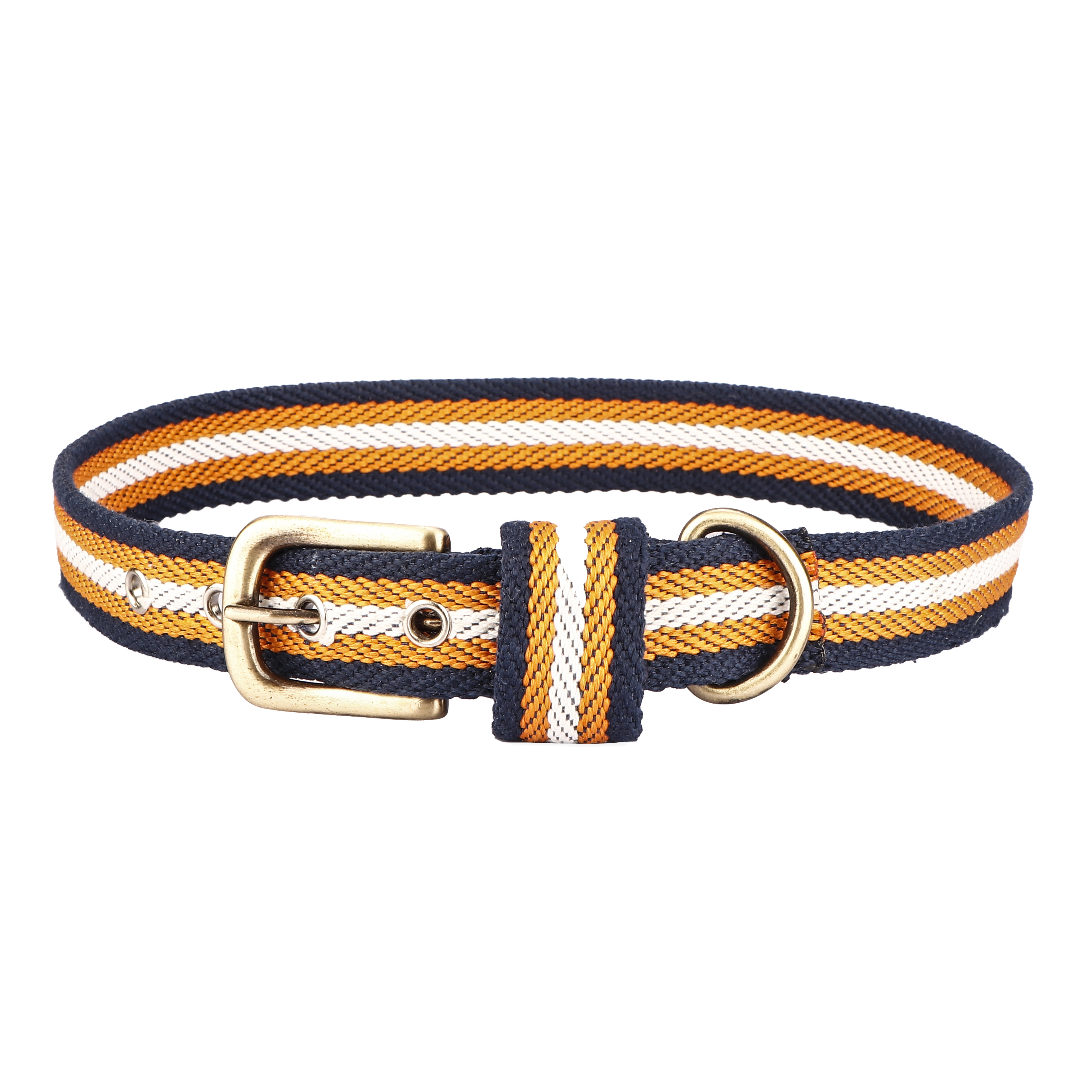 Sparrow Daughter Dog Collar - Cotton, Sizes M 57.15x2.54 Cm, L 62.23x2.54 Cm, Xl 67.31x2.54 Cm, Orange & White & Blue | Antique Brass Buckle, Adjustable Size, Soft Padded Liner, Durable Cotton