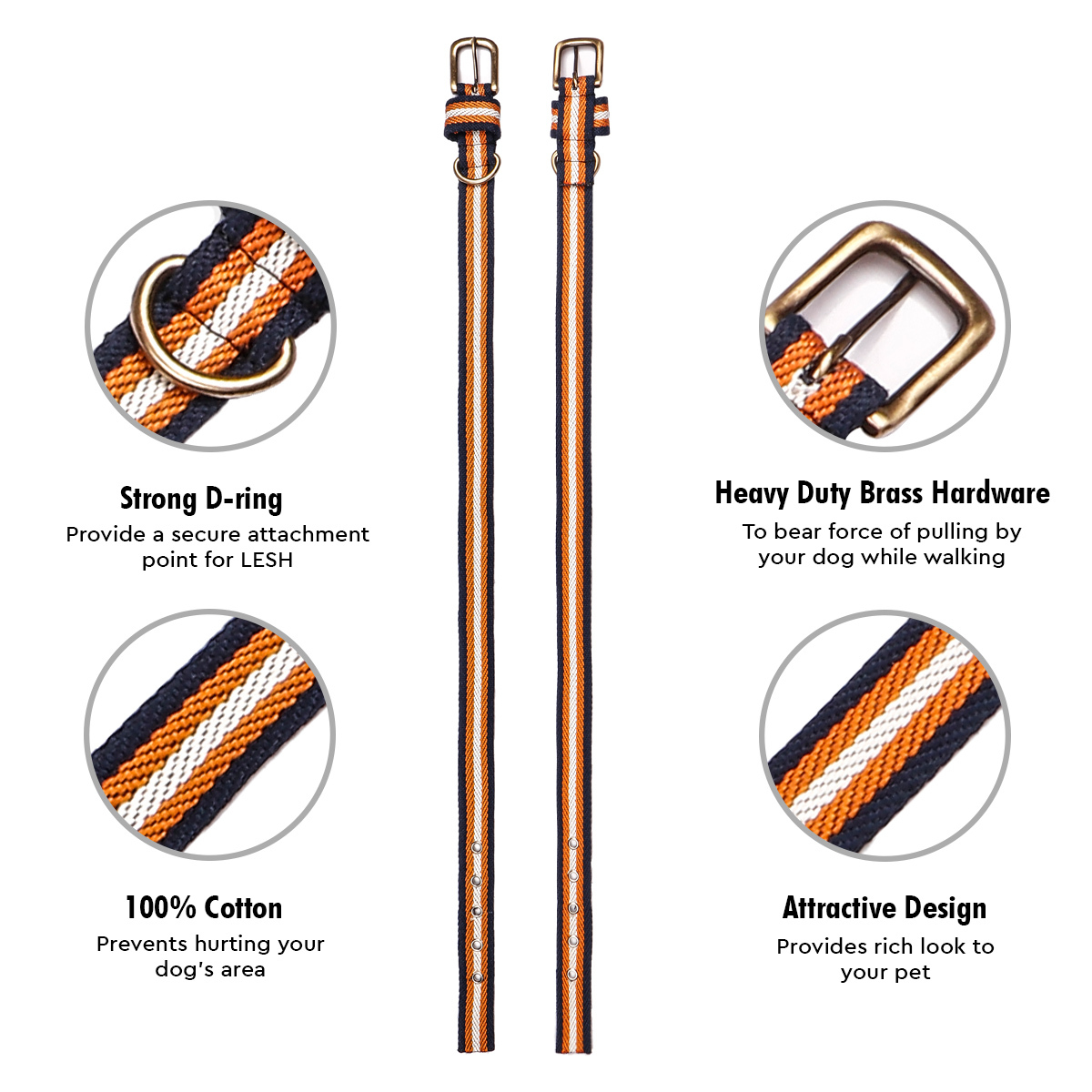 Sparrow Daughter Dog Collar - Cotton, Sizes M 57.15x2.54 Cm, L 62.23x2.54 Cm, Xl 67.31x2.54 Cm, Orange & White & Blue | Antique Brass Buckle, Adjustable Size, Soft Padded Liner, Durable Cotton