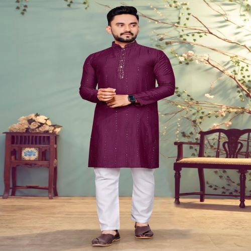 Mens Fancy Kurta With Pajama - Pure Viscose Fabric, Available In M L Xl 2xl 3xl Sizes, Unique Sequence And Thread Weaving, Dry Clean Only