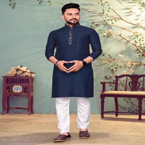 Mens Fancy Kurta With Pajama - Pure Viscose Fabric, Available In M L Xl 2xl 3xl Sizes, Unique Sequence And Thread Weaving, Dry Clean Only