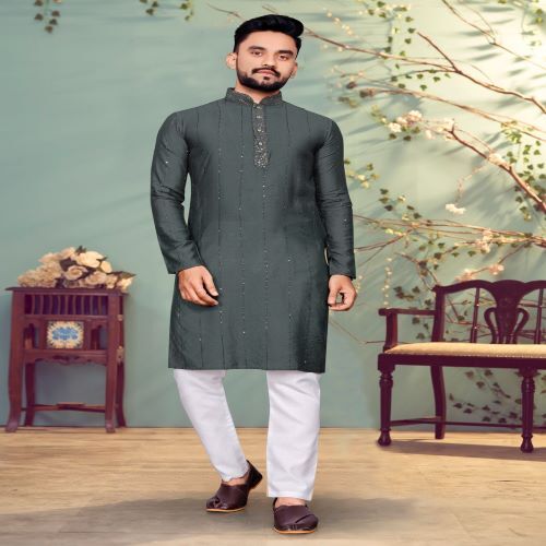 Gents Kurta With Pajama - Pure Viscous Cotton Fabric, Available In M, L, Xl, 2xl, 3xl | Elegant Sequence And Thread Weaving, Dry Clean Only