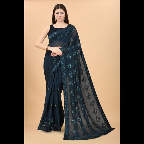 Georgette Saree - Synthetic Material, Semi-transparent Magenta Color | Traditional Thread Work Embroidery, Ideal For Festive Occasions