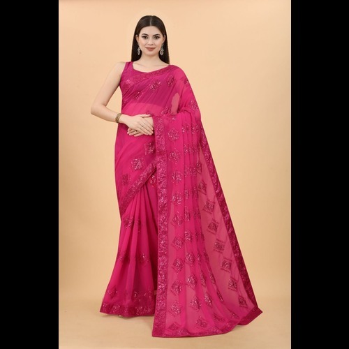Georgette Saree - Synthetic Material, Semi-transparent Magenta Color | Traditional Thread Work Embroidery, Ideal For Festive Occasions