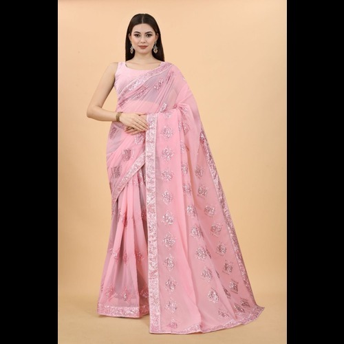 Georgette Saree - Synthetic Material, Semi-transparent Magenta Color | Traditional Thread Work Embroidery, Ideal For Festive Occasions