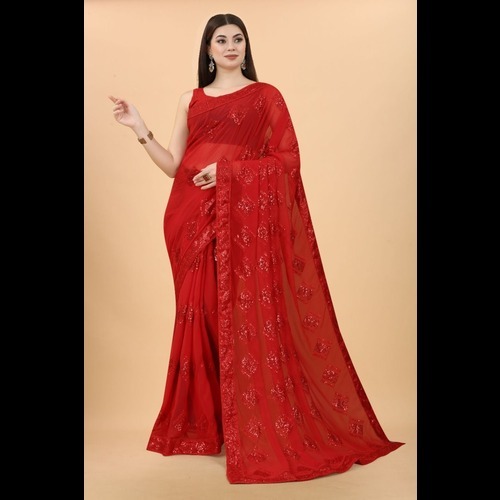 Georgette Saree - Synthetic Material, Semi-transparent Magenta Color | Traditional Thread Work Embroidery, Ideal For Festive Occasions