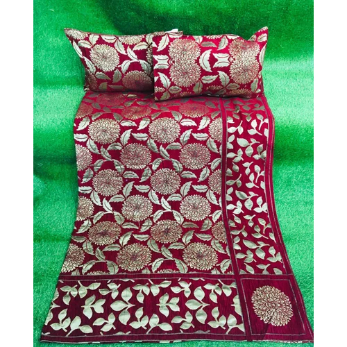 Red-white-golden Rgl Shennil Bedsheet Set For Wedding