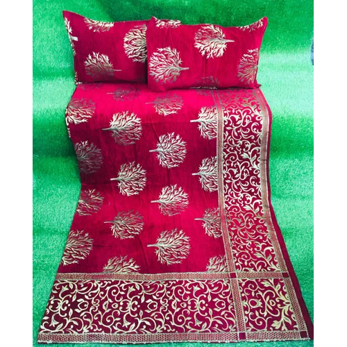 Red-white-golden Rgl Shennil Bedsheet Set For Wedding