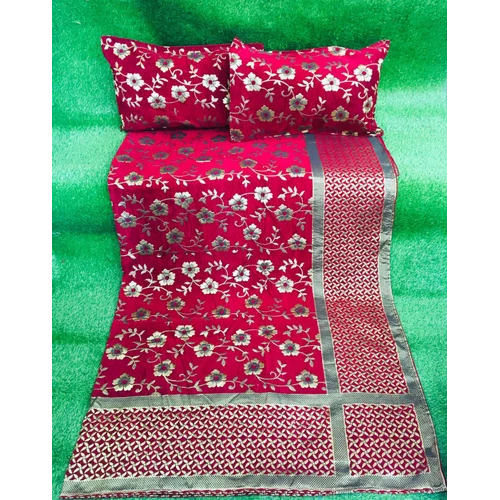Red-white-golden Rgl Shennil Bedsheet Set For Wedding