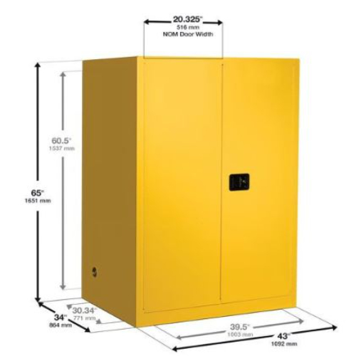 Safety Cabinet - 18-gauge Cr Steel, 90 Gallon Capacity, Yellow Finish | Fm Approved, Osha Compliant, 2 Manual Doors, 2 Adjustable Shelves, 65" H X 43" W X 34" D