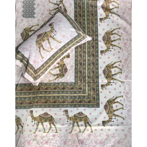 Jaipur Export Quality Bedsheet - 100% Cotton, Full Size, White-pink Color | Washable, Printed Design, Includes 2 Pillowcases, Weight: 1075g