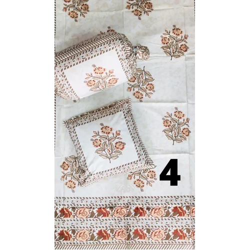 White-brown Rgl Jaipuri Diwan Bed Sheet Set With Cushion Cover And Bolster Cover