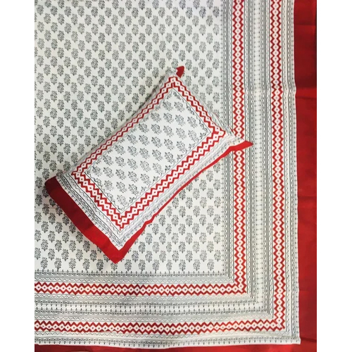 Bagru Print Bed Sheet - 100% Cotton, Full Size | Red-white-black Printed Design, Washable With 2 Pillowcases For Comfortable Bedding