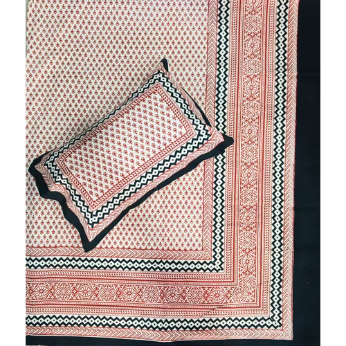 Bagru Print Bed Sheet - 100% Cotton, Full Size | Red-white-black Printed Design, Washable With 2 Pillowcases For Comfortable Bedding