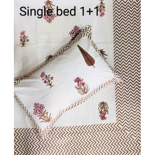 Jaipur Single Bed Sheet Ethnic Designs - 100% Cotton, Full Size, White-green | Washable, Printed Pattern, Includes 1 Pillowcase, Plain Style