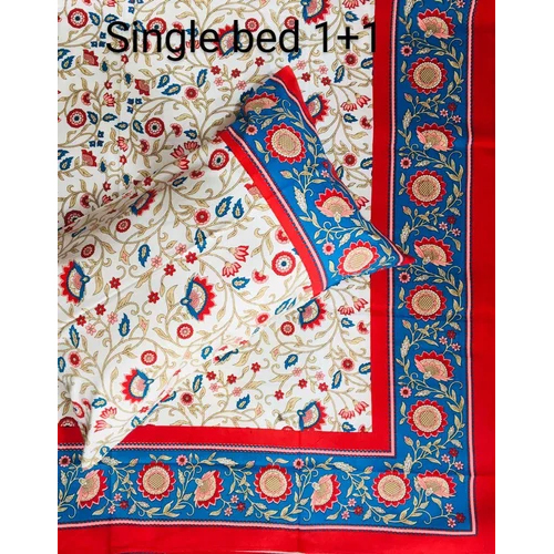 Jaipur Single Bed Sheet Ethnic Designs - 100% Cotton, Full Size, White-green | Washable, Printed Pattern, Includes 1 Pillowcase, Plain Style