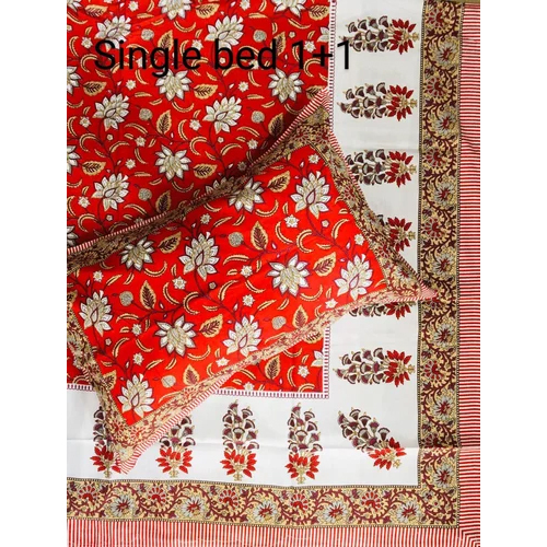 Jaipur Single Bed Sheet Ethnic Designs - 100% Cotton, Full Size, White-green | Washable, Printed Pattern, Includes 1 Pillowcase, Plain Style
