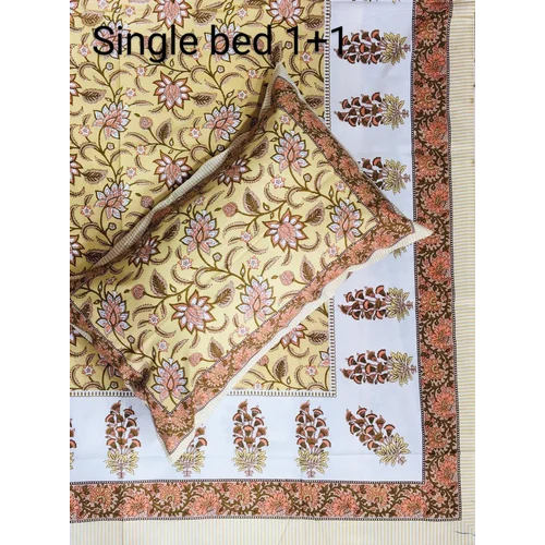 Jaipur Single Bed Sheet Ethnic Designs - 100% Cotton, Full Size, White-green | Washable, Printed Pattern, Includes 1 Pillowcase, Plain Style