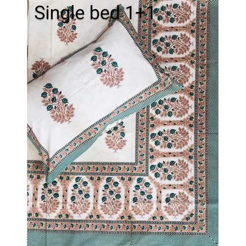 Jaipur Single Bed Sheet Ethnic Designs - 100% Cotton, Full Size, White-green | Washable, Printed Pattern, Includes 1 Pillowcase, Plain Style