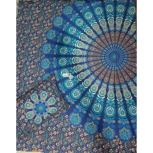Mandala King Size Bed Sheet - 100% Cotton, Full Size, Blue-multicolor | Washable, Printed Pattern, Includes 2 Pillowcases, Plain Style