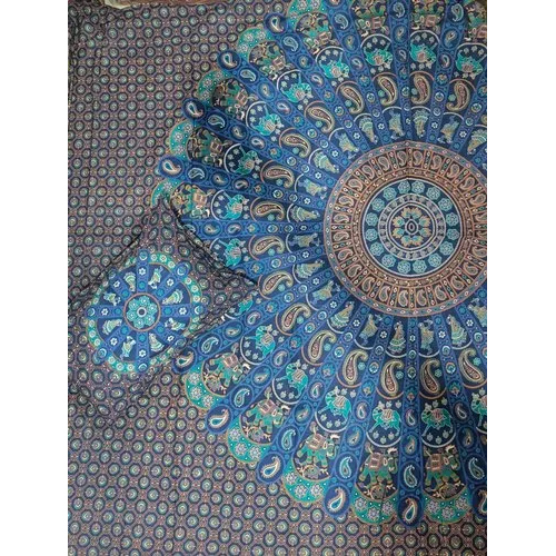 Mandala King Size Bed Sheet - 100% Cotton, Full Size, Blue-multicolor | Washable, Printed Pattern, Includes 2 Pillowcases, Plain Style