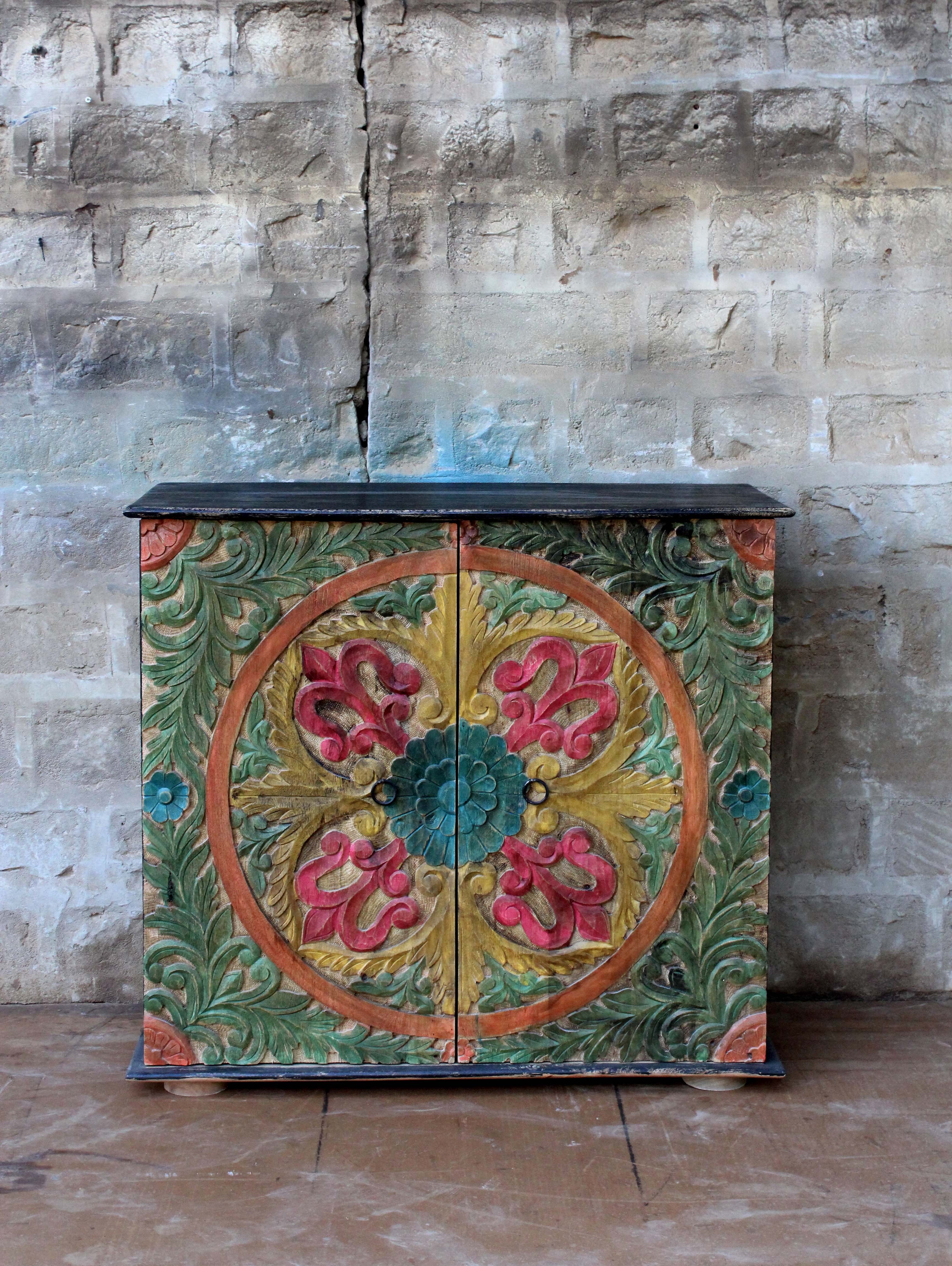 Wooden Painted Bedside - Mango Wood, 70cm H X 60cm W, Multicolor Matte | Hand-painted Floral And Geometric Design, Fully Assembled, Indian Traditional Style