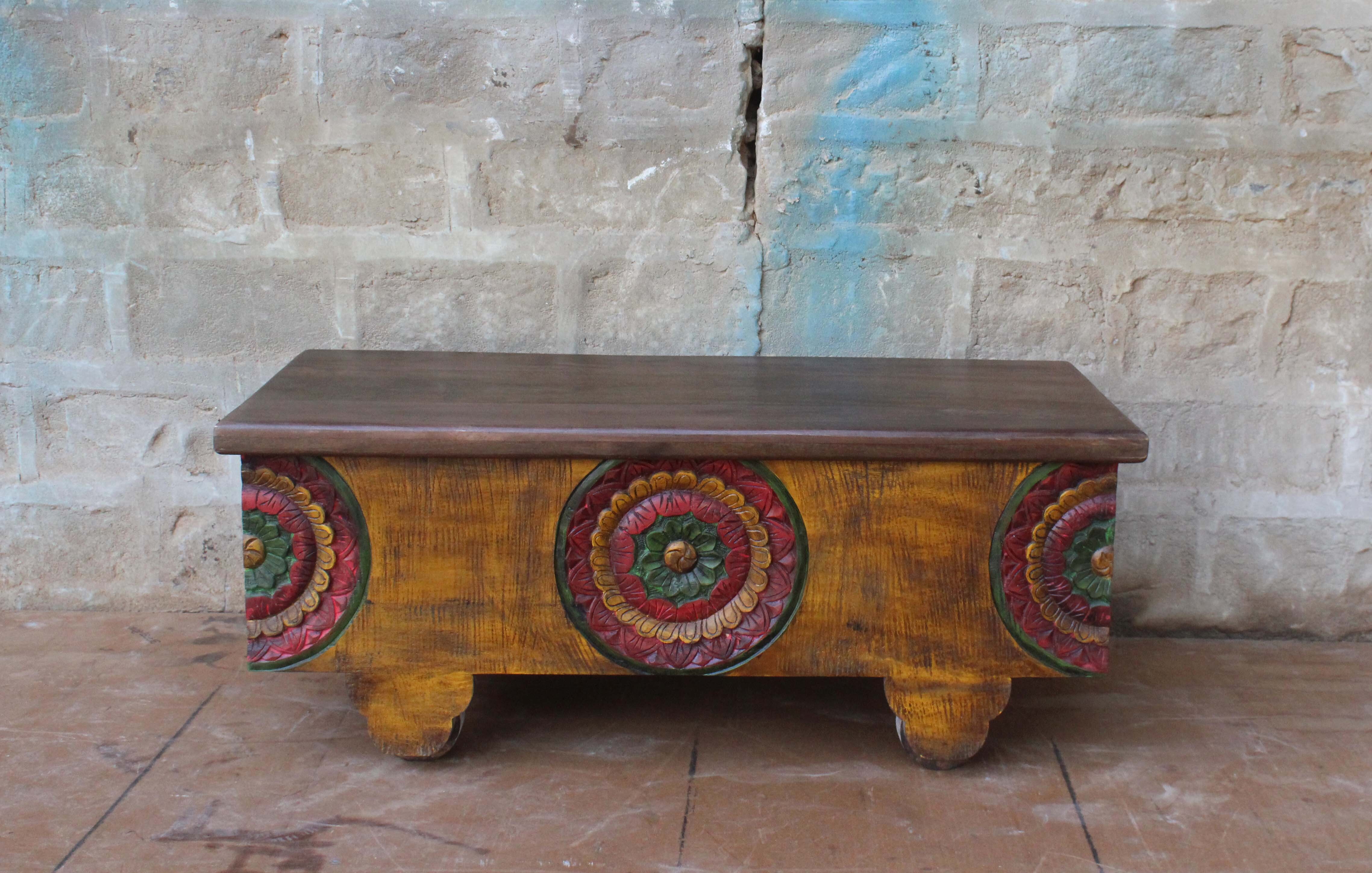 Handcrafted Wooden Box - Teak Wood, 18x24 Inches, Brown With Multicolor Hand-painted Artwork | Rustic Vintage-inspired Decorative Storage