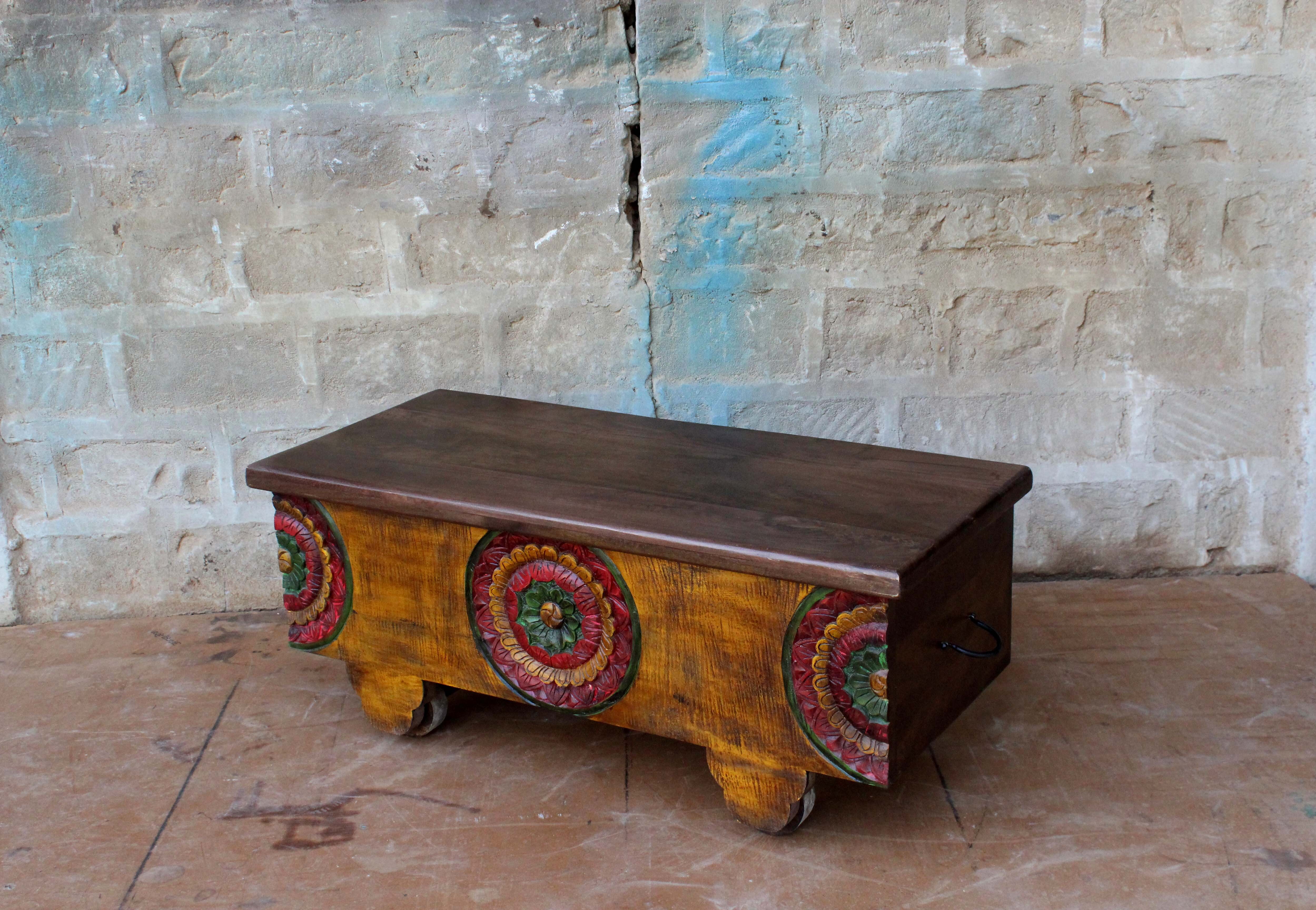 Handcrafted Wooden Box - Teak Wood, 18x24 Inches, Brown With Multicolor Hand-painted Artwork | Rustic Vintage-inspired Decorative Storage