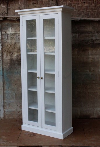 Glass Door Almirah - Solid Wood & Glass, Approx. 180 cm Height x 80 cm Width, White Painted Finish, Sleek Design with Ample Storage