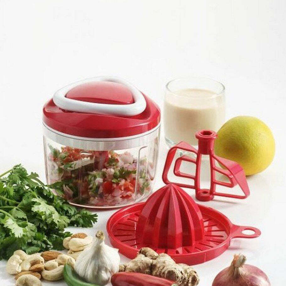Ganesh Easy Pull 3-in-1 Plastic Chopper - Stainless Steel & Plastic, 15*14*18 Cm, 650ml Capacity, Vibrant Red Color