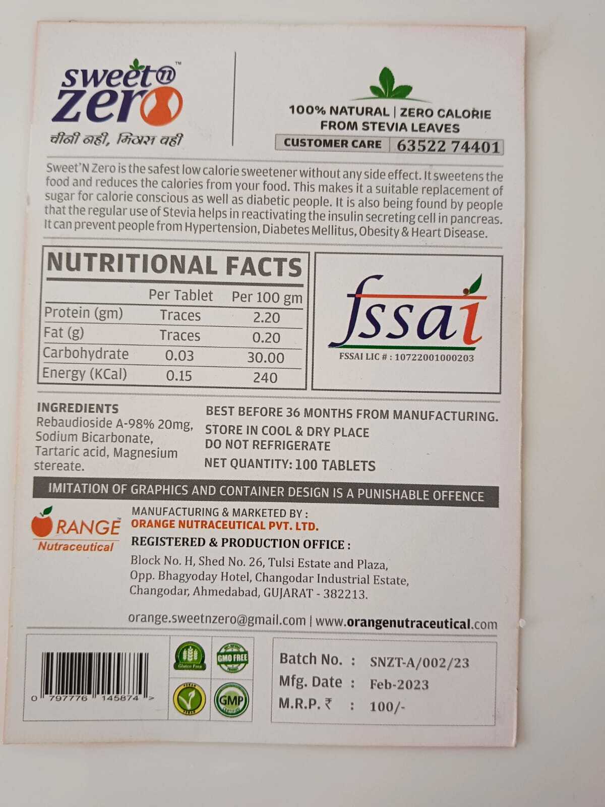 Sweet N Zero 100 Stevia Tablets - Rebaudioside A-98% 20mg, Solid White Tablets | 100% Natural Cane Sugar Replacement, Pack Of 100 Tablets