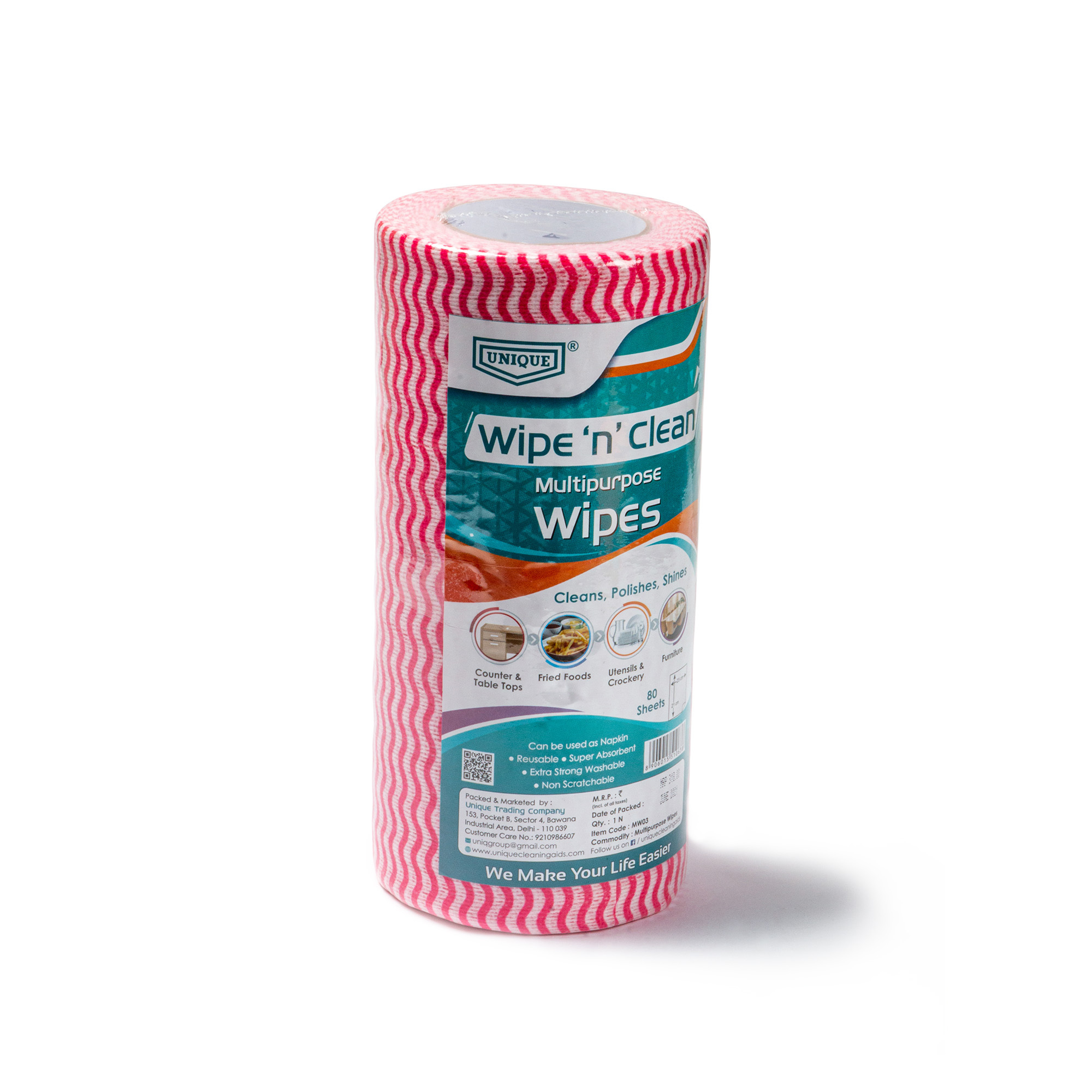 Wipe N Clean Kitchen Roll - Virgin Fiber Material, 80 Wipes Per Roll | Washable, Reusable, Lightweight, Vibrant Multi-color Design