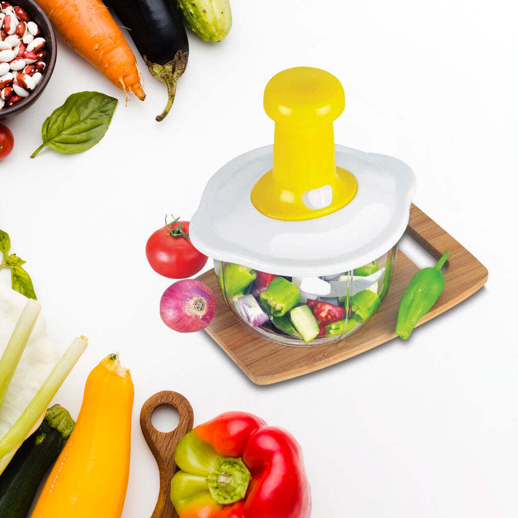 Hand Press Fruits And Vegetable 2 In 1 Push Chopper For Kitchen - Stainless Steel Blades, 18x18x13 Cm (1600 Ml), Multi-color | 3 Sharp Blades For Efficient Chopping