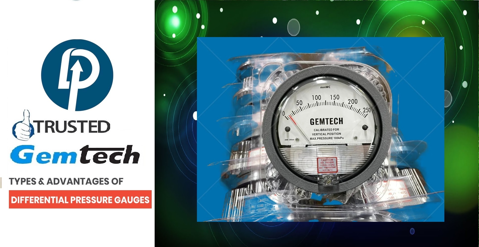 Gemtech Differential Pressure Gauge - Metal Alloy, 112 Mm Diameter, Black Dial | 2% Accuracy, Shock Resistant, Vibration Proof, Dual Npt Pressure Taps, Ideal For Medical And Industrial Applications