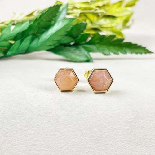 Earrings Sunstone Gemstone Hexagon Sterling Silver Gold Vermeil Collet Set Stud