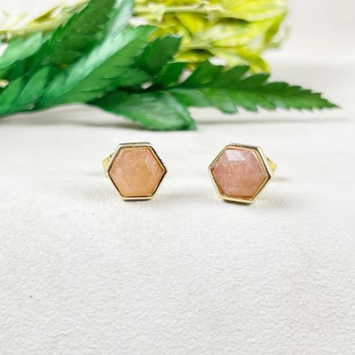 Earrings Sunstone Gemstone Hexagon Sterling Silver Gold Vermeil Collet Set Stud