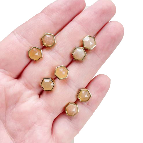 Earrings Sunstone Gemstone Hexagon Sterling Silver Gold Vermeil Collet Set Stud