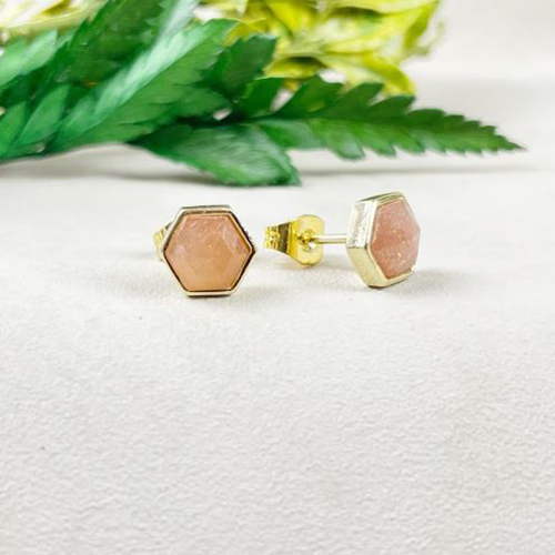Earrings Sunstone Gemstone Hexagon Sterling Silver Gold Vermeil Collet Set Stud