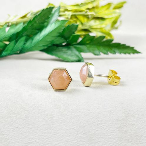 Earrings Sunstone Gemstone Hexagon Sterling Silver Gold Vermeil Collet Set Stud