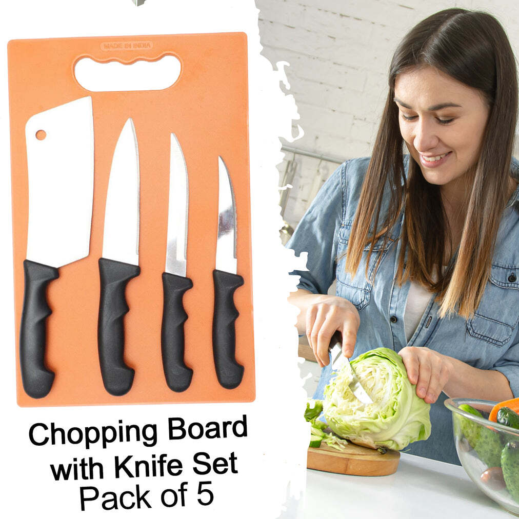 Chopping Board With Knife Set (Pack Of 5 (2572) - Stainless Steel, 30x20x3 Cm, Multi/assorted Color | 5 Pcs Knife Set With Chopping Board