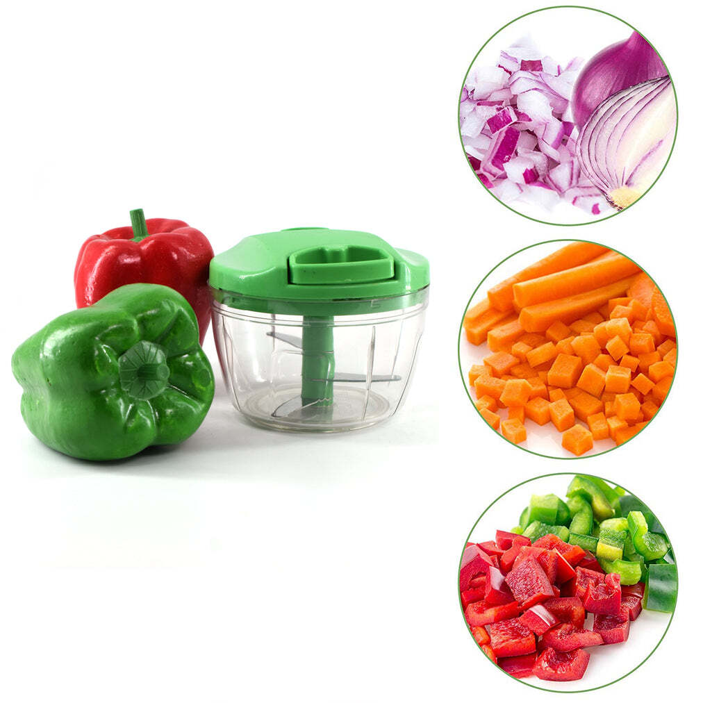 Manual Green Mini Plastic Food Chopper - 375 Ml, Extra Sharp Stainless Steel Blades, Compact 12x12x10 Cm Size