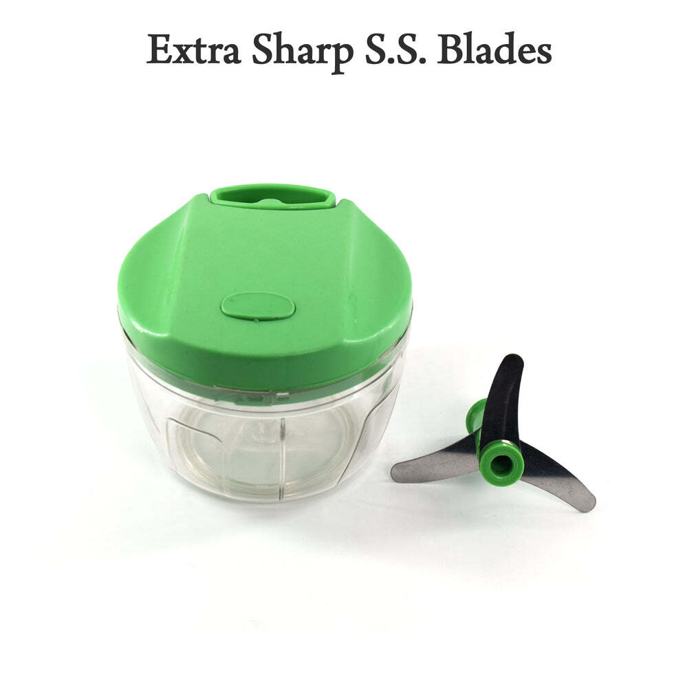 Manual Green Mini Plastic Food Chopper - 375 Ml, Extra Sharp Stainless Steel Blades, Compact 12x12x10 Cm Size