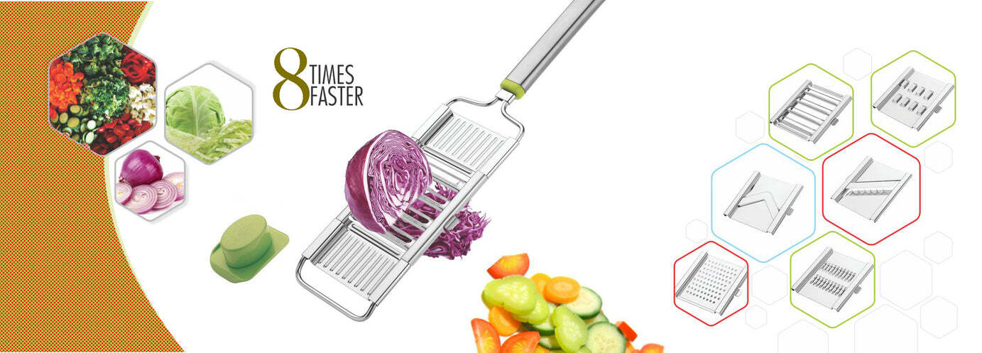 Stainless Steel 6 In 1 Kitchen Chips Chopper - 11x6x37 Cm, Silver Color Slicer And Grater With Handle