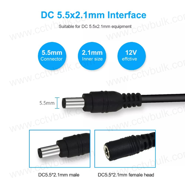 Dc Pin Extension Cable 1m - Copper Wire, 5.5mm/2.1mm, Black | Ideal For Led Light Strips, Cctv, Monitors, Printers, And More