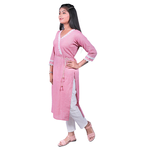 Ac2003 Straight Fit Long Kurti In Angrakha Pattern - Cotton, Size L/ M/ S/ Xl/ Xxl/ Xxxl, Colors: Maroon, Navy Blue, Pink | Features: Breathable, Quick Dry, Washable, 3-4th Sleeve, Simple Style, Casual Daily Wear