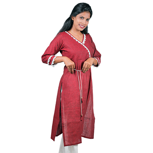 Ac2003 Straight Fit Long Kurti In Angrakha Pattern - Cotton, Size L/ M/ S/ Xl/ Xxl/ Xxxl, Colors: Maroon, Navy Blue, Pink | Features: Breathable, Quick Dry, Washable, 3-4th Sleeve, Simple Style, Casual Daily Wear