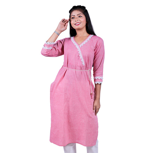 Ac2003 Straight Fit Long Kurti In Angrakha Pattern - Cotton, Size L/ M/ S/ Xl/ Xxl/ Xxxl, Colors: Maroon, Navy Blue, Pink | Features: Breathable, Quick Dry, Washable, 3-4th Sleeve, Simple Style, Casual Daily Wear