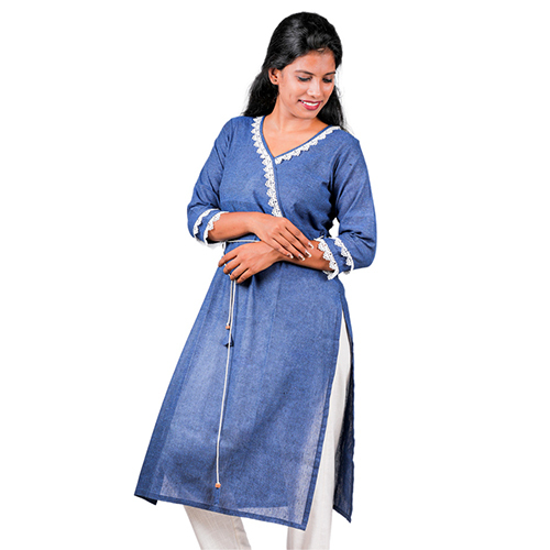 Ac2003 Straight Fit Long Kurti In Angrakha Pattern - Cotton, Size L/ M/ S/ Xl/ Xxl/ Xxxl, Colors: Maroon, Navy Blue, Pink | Features: Breathable, Quick Dry, Washable, 3-4th Sleeve, Simple Style, Casual Daily Wear