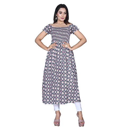 Ac2026 Cotton Printed Maxi Dress - Cotton, Sizes L/xl/xxl/xxxl, Peach & Grey Colors | Breathable, Quick Dry, 3-4th Sleeve, Casual & Formal Style