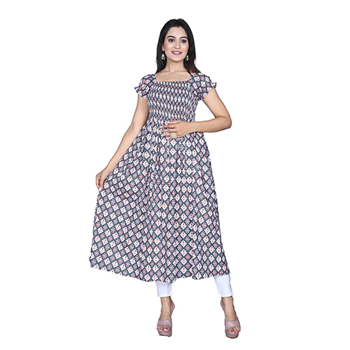 Ac2026 Cotton Printed Maxi Dress - Cotton, Sizes L/xl/xxl/xxxl, Peach & Grey Colors | Breathable, Quick Dry, 3-4th Sleeve, Casual & Formal Style