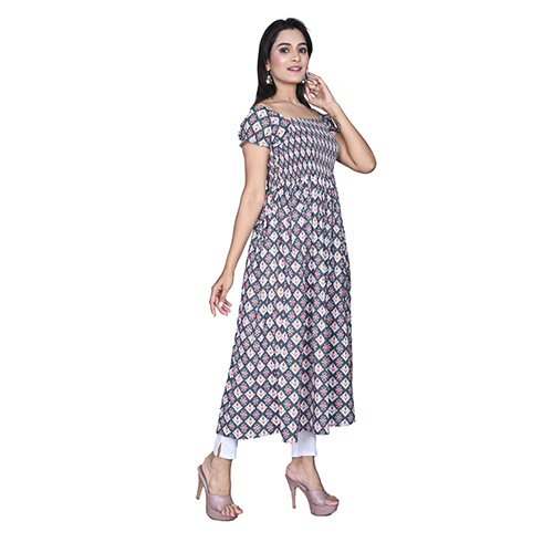 Ac2026 Cotton Printed Maxi Dress - Cotton, Sizes L/xl/xxl/xxxl, Peach & Grey Colors | Breathable, Quick Dry, 3-4th Sleeve, Casual & Formal Style